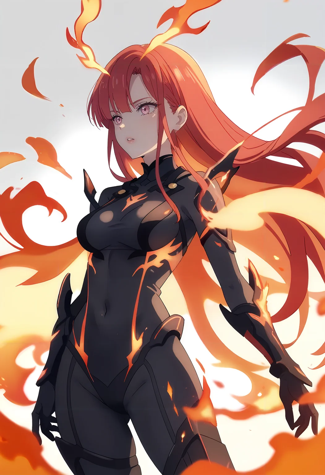 score_9_up,score_8_up,score_7_up,<lora:Makina Solage_v2.0_pony-000030:1>,
DL_MS,1girl,solo,fire,red hair,parted lips,black bodysuit,pink eyes,white_background,simple_background,cowboy_shot
