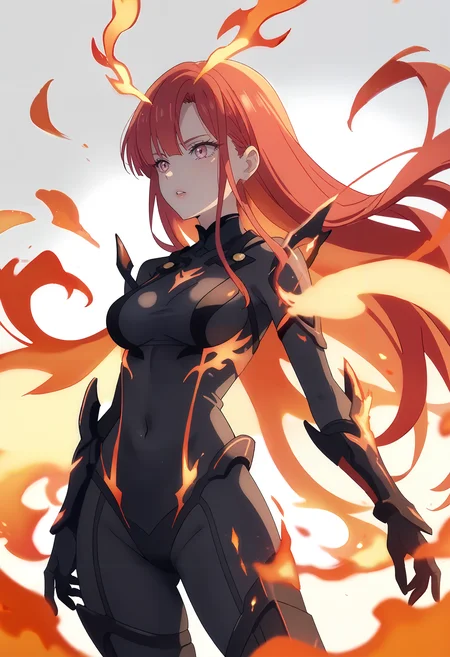score_9_up,score_8_up,score_7_up,<lora:Makina Solage_v2.0_pony-000030:1>,
DL_MS,1girl,solo,fire,red hair,parted lips,black bodysuit,pink eyes,white_background,simple_background,cowboy_shot