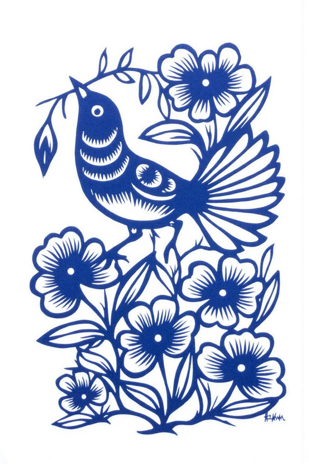 papercut art of a bird is standing on some flowers. It holds a twig in its beak. <lora:papercut1_cap_d6a3e12:1.0><lora:823249362961469365:0>