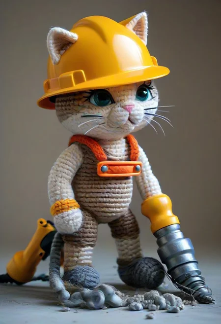 cat using large pneumatic drill to break concrete, hardhat, by saint exupery, crocheted style