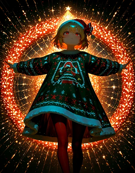 Christmas, dress, red pantyhose ,santa_hat ,Christmas sweater,
1girl, solo, rumia, dark lighting .outstretched_arms,
masterpiece, best quality, amazing quality, very aesthetic, absurdres, newest, (volumetric lighting),
<lora:world_christmassweater:0.5>,<lora:cfg_scale_boost:0.5>, <lora:ponyv5_noobE11_1_adamW:0.5>, <lora:illustrious_noobai_epsilon_pred_1_best_quality_v1:0.5> ,<lora:illustrious_noobai_epsilon_pred_1_masterpieces_v1:0.5> ,<lora:illustrious_noobai_epsilon_pred_11_very_aesthetic_v1:0.5>