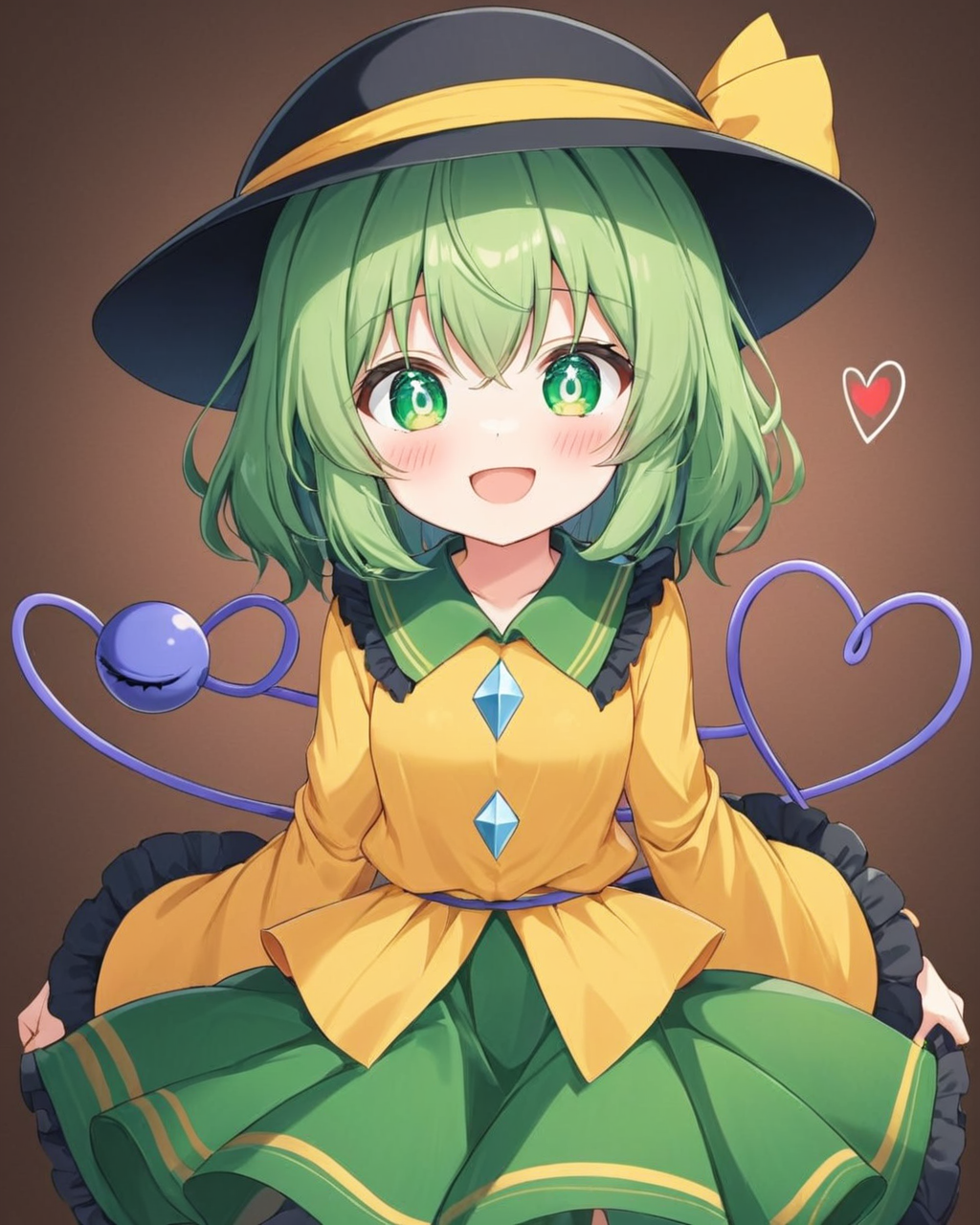 komeiji koishi,1girl, solo, third_eye, yellow_shirt, green_skirt, open_mouth, long_sleeves, heart_of_string, blush, wide_sleeves, black_headwear, looking_at_viewer, yellow_ribbon, hat_ribbon, smile, artist_name, frilled_sleeves, hand_up, yellow_bow, frilled_shirt_collar
<lora:komeiji_koishi_image10724_2023-12-20-000004:1>,star-shaped_pupils,symbol-shaped_pupils,. gorgeous,key visual, vibrant, studio anime,award-winning, professional, highly detailed,high budget, cinemascope