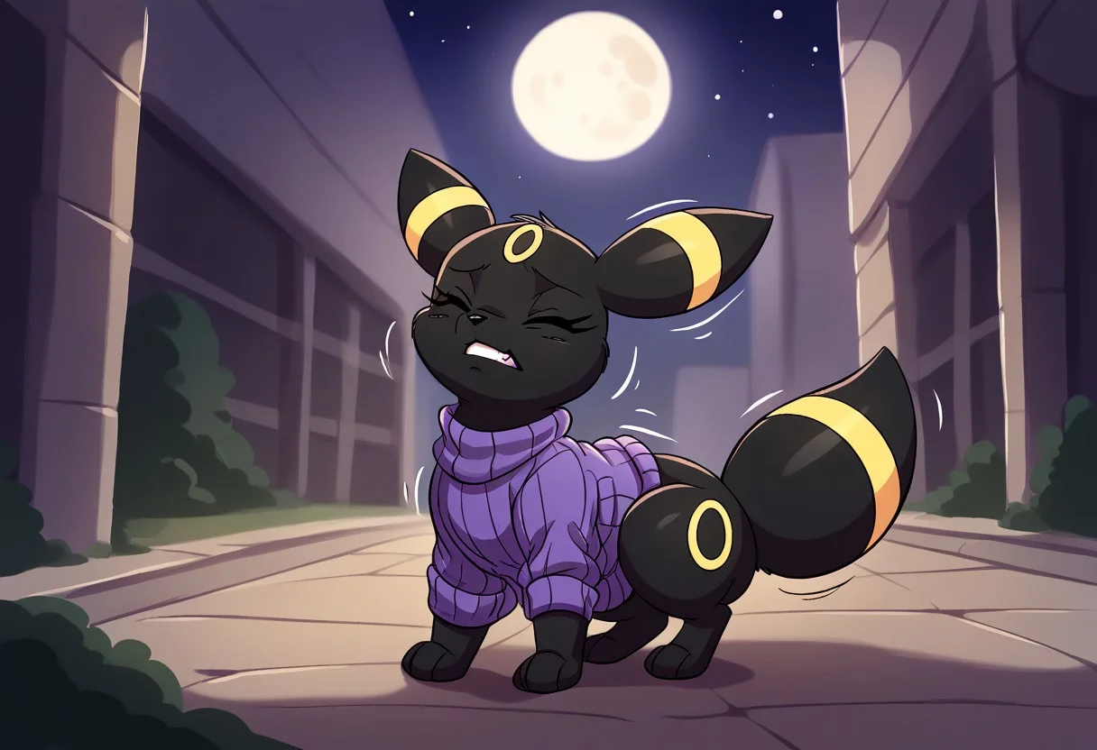 score_9, score_8_up, score_7_up, (detailed texture, digital artwork, improved quality), joaoppereiraus style, ((night meadow, path, moon)), (((color adjustment, solo, full body))), ((black fur, Two-Tone Fur, female, feral pokemon, Umbreon_(Pokemon):1.00)), ((snout, tail, ears, paws, closed eyes, eyelashes)), ((violet sweater:1.30)), ((irritated expression, teeth, squat, trembling))
