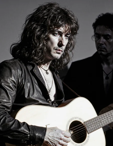 <lora:RICHIE_BLACMORE:1>, This is a black-and-white photograph capturing a man with long, wavy, unkempt hair, possibly in his mid-30s to mid-40s, holding an acoustic guitar. He has a serious expression on his face, looking directly at the camera. The man is wearing a dark, leather jacket that appears worn and textured, with a slight sheen to it. He has a simple necklace around his neck. The guitar he is holding is a six-string acoustic guitar with a natural wood finish. The guitar neck is visible, with the strings extending towards the camera. The background is out of focus, providing a stark contrast to the subject and the guitar, which are sharply in focus. The image has a vintage feel, possibly from the 1970s or 1980s, judging by the clothing style and the overall look of the photograph. The lighting is natural, suggesting an outdoor or indoor setting with natural light. The photograph is a candid moment, capturing a musician in a relaxed and focused state, likely during a performance or rehearsal. The texture of the leather jacket and the roughness of the man's hair add to the raw, authentic feel of the image.