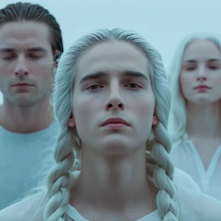 cinematic film still of <lora:High-key lighting Style:1>
bright light, bright, a man with a plastic covering his face High-key lighting Style,1girl,solo,long hair,1boy,white background,closed eyes,braid,white hair,male focus, shallow depth of field, vignette, highly detailed, high budget, bokeh, cinemascope, moody, epic, gorgeous, film grain, grainy