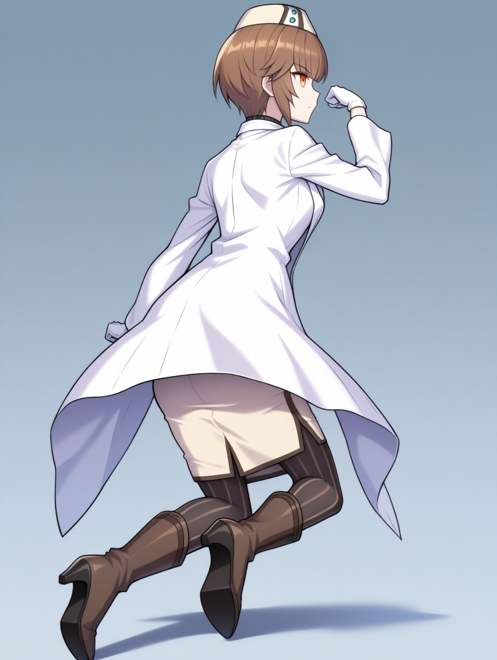 perfect quality,best quality,absolutely eye-catching,ambient occlusion,raytracing BREAK
1girl,<lora:rahuline IL v1.1:0.8>,rahuline,brown hair,orange eyes,short hair,hat,lab coat,long sleeves,white gloves,license plate,pencil skirt,vertical-striped black pantyhose,high heel boots,medium skirt,, from behind, looking away,portrait,kneeling,paw_pose,arm_held_back,kicking,