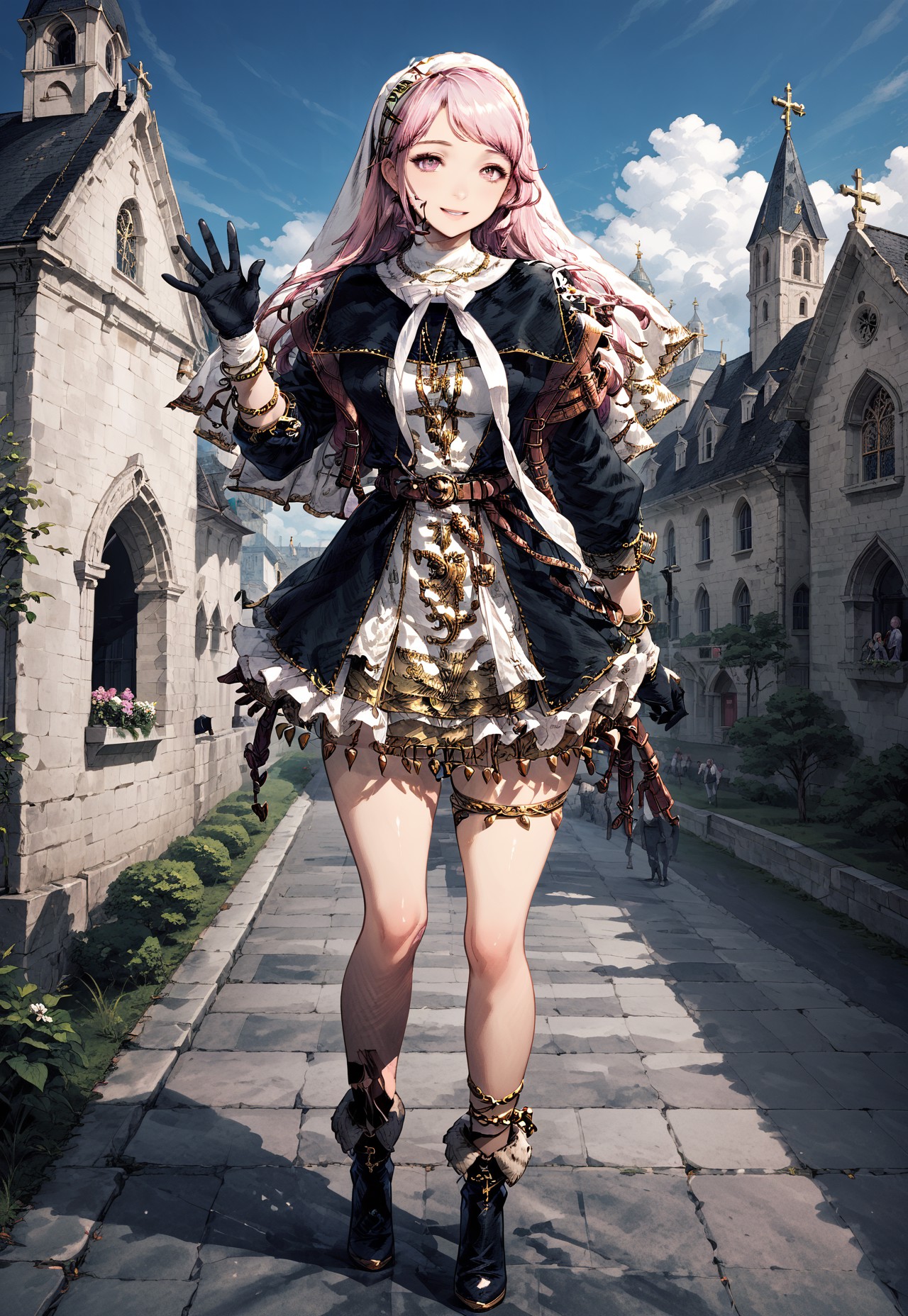 shelva, solo,nun headpiece,pink hair, long ribbon around neck, shoes, high heels, jewelry, necklace, belt around waist, belt around shoulders, thigh accessory left foot, leg accessory left foot, under dress, open vest over dress, jewelry around vest, skirt, skirt jewelry pistol sleeve, shoulder accessory, gloves, armlet, armlet on gloves,flirting,outside,sky, church, waving with one hand