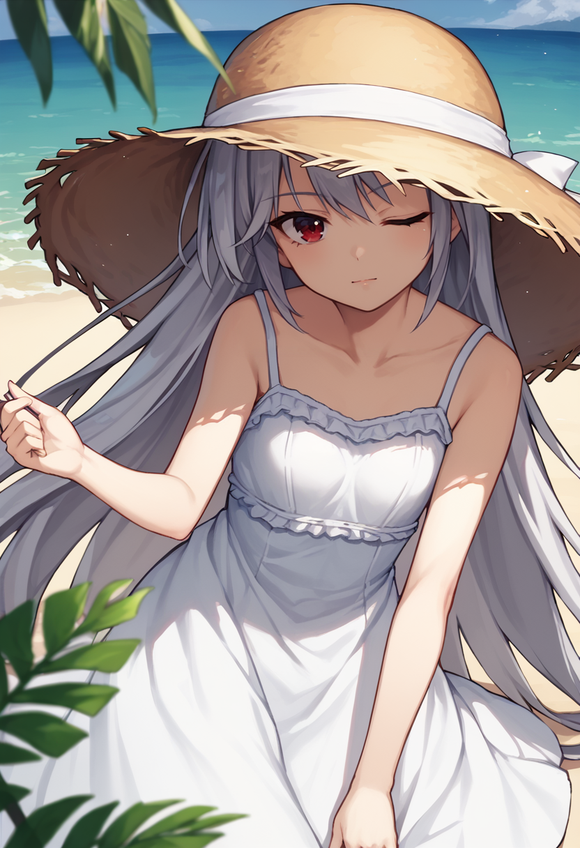 score_9,  score_7_up,   1girl, Kazuki, silver hair, long hair, red eyes,  white sundress,  straw hat, beach, one eye closed, looking at viewer,    <lora:Kazuki Lora-000009:1>