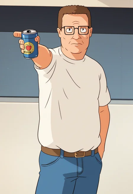 score_9, score_7_up BREAK male focus, holding weapon, holding [gun:spray can:0.01], hand in pocket, aiming, hankhillpd, mature male, glasses, brown hair, white t-shirt, jeans, belt, black eyes <lora:YusufDikecGunPose_pdxl_Incrs_v1:1>  <lora:hankhill_pd:0.8>