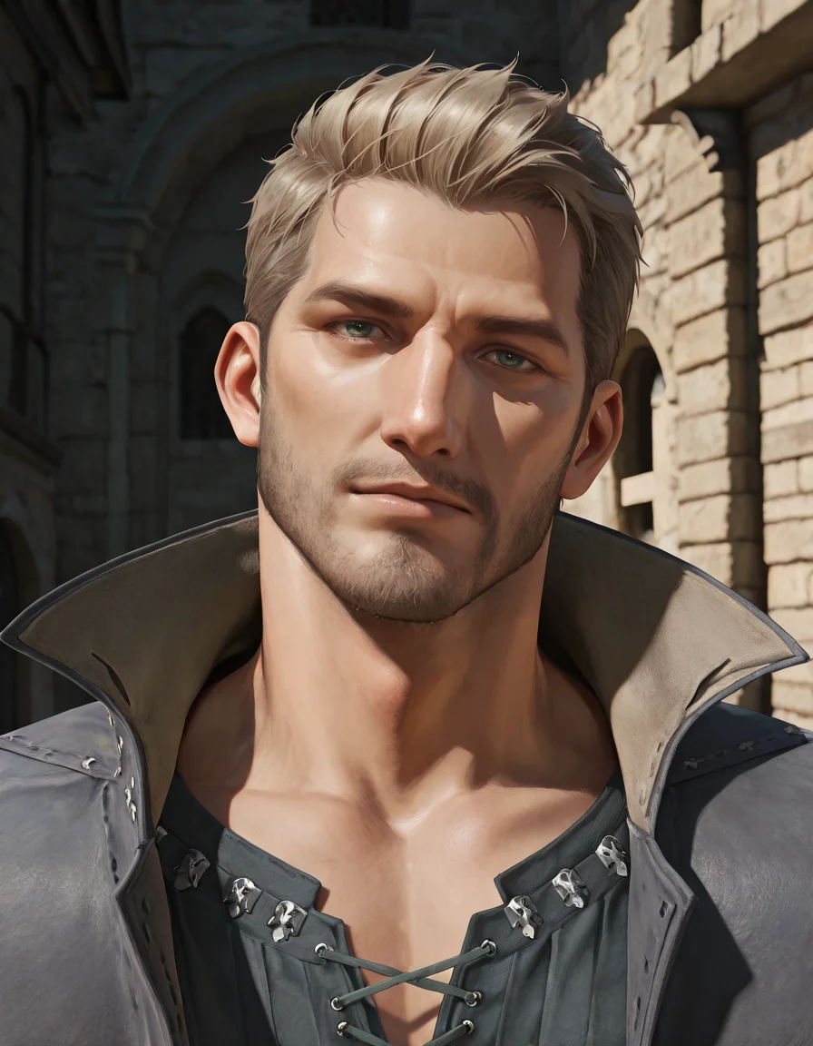 masterpiece, best quality, newest, detailed background, intricate details, male focus, realistic, solo, <lora:FFXVI - Cidolfus Telamon - Illustrious-000008:0.7>, cid_t, 1boy, mature male, green eyes, light brown hair, facial hair, jacket, shirt, portrait, outdoors, medieval city, head tilt, looking at viewer, come hither