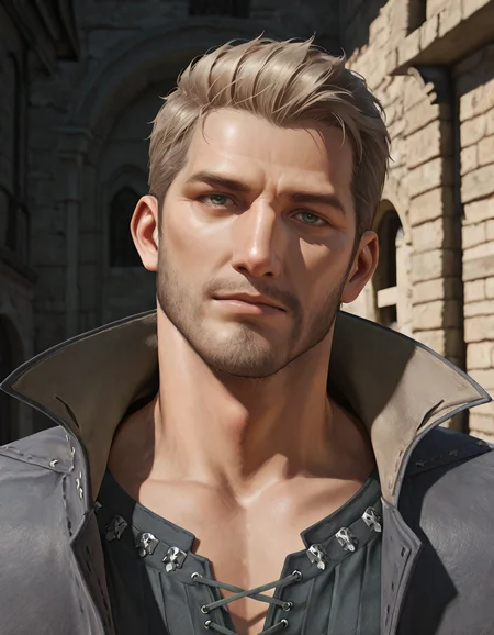 masterpiece, best quality, newest, detailed background, intricate details, male focus, realistic, solo, <lora:FFXVI - Cidolfus Telamon - Illustrious-000008:0.7>, cid_t, 1boy, mature male, green eyes, light brown hair, facial hair, jacket, shirt, portrait, outdoors, medieval city, head tilt, looking at viewer, come hither