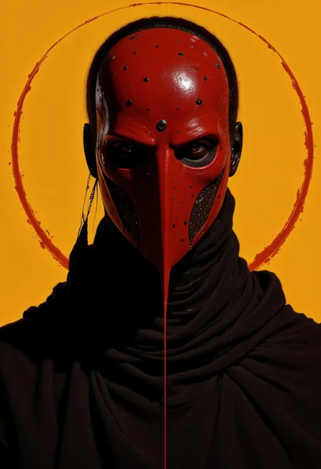 Black woman wearing a deep red porcelain  mask with  plank expression, yellow  circle background  , dynamic light  , dynamic  angle, looking  at viewer , close  up  , high quality  , hd, 
<lora:flux.1_lora_flyway_Epic-Characters_v1:0.43>