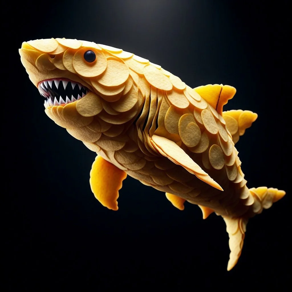 A photorealistic image of a scaly shark made out of potato chips, intricate details, dramatic composition, tension, contrast, texture, realism, high quality, stunning art, volumetric lighting, detailed, intricate, simple black background,