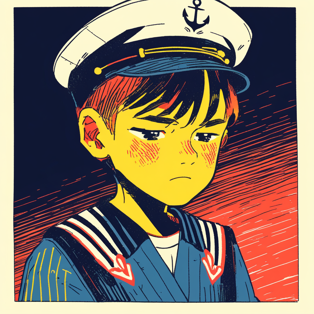 boy with a sailor outfit frowning