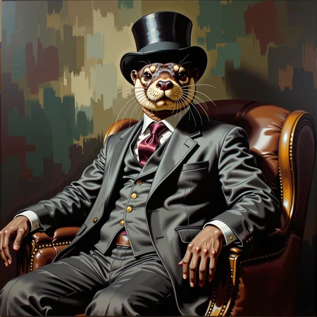 A striking, oil painting in the distinctive style of Dilpntg portrays an anthropomorphic otter in a formal attire. The subject is depicted facing forward with a dignified expression as he gracefully sits on what appears to be a classic armchair or ottoman. The otter wears a charcoal grey suit, complete with a crisp white shirt and burgundy tie, complemented by a sleek black top hat that adds an air of sophistication. His whiskers are intricately detailed, suggesting both playfulness and intelligence in the creature's demeanor. The otter's eyes exhibit a subtle amusement and wisdom, further enhancing his unique charm.
The painting features Dilpntg's trademark moody, abstract background, which blends dark greens and browns into an evocative palette that perfectly sets the scene. Soft, diffused lighting creates gentle highlights on the otter's fur, clothing, and accessories, while subtle painterly textures can be found throughout the composition. This enchanting portrait captivates its audience with a beautiful marriage of anthropomorphic artistry and Dilpntg's distinctive style, creating an image that is both timeless and whimsically unique.dismllfrt  <lora:Classic-Oils_dismllfrt.safetensors:1.0000000000000002>
