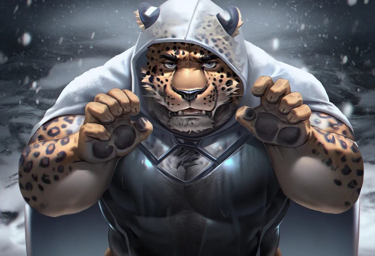 very awa, best quality, masterpiece, 1boy, anthro, (leopard:1.2), amurleopard, lindong, dsharp k, solo, male focus, furry male, bara, kemono, mature male, muscular male, manly, thick arms, claw pose, messy room, hooded cloak, clothing cutout, transparent plastic suit, (bulge:0.6), hairy, grey eyes, black nose, chromatic aberration, winter, submerged, heavy snow, snowing, glitch, dappled sunlight, caustics, detailed fur, 8k, amazing quality, very aesthetic, absurdres, photorealistic, <lora:amurleopard_ilxl_8-000008:1.4>