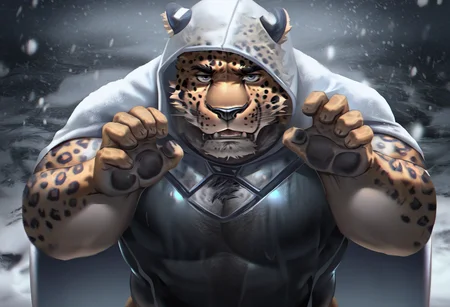 very awa, best quality, masterpiece, 1boy, anthro, (leopard:1.2), amurleopard, lindong, dsharp k, solo, male focus, furry male, bara, kemono, mature male, muscular male, manly, thick arms, claw pose, messy room, hooded cloak, clothing cutout, transparent plastic suit, (bulge:0.6), hairy, grey eyes, black nose, chromatic aberration, winter, submerged, heavy snow, snowing, glitch, dappled sunlight, caustics, detailed fur, 8k, amazing quality, very aesthetic, absurdres, photorealistic, <lora:amurleopard_ilxl_8-000008:1.4>
