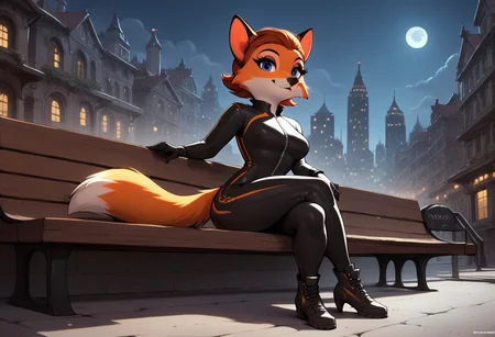 score_9, score_8_up, score_7_up, score_6_up, score_5_up, score_4_up, source_furry
night city, night, city background, moon in the sky
1girl, anthro fox, femme_appeal, black bodysuit, full body, detailed face, detailed eyes, looking at viewer, smile, sitting on bench, sexy pose, crossed legs