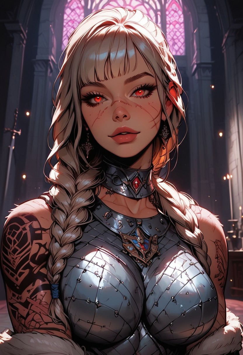 Score_9, Score8_up, Score_7_up, (((High Resolution, Best Quality))), 
1girl, solo, beautiful face, lean muscle, muscle mass, warpaint, detailed eyes, red eyes, braided ponytail, tight white royal slim armor, chainmail, large breasts, royal guard, many scars, fur lined, wide hips, toned, bangs, tattoo, jewelry, beautiful lights, Lying ontop of viewer, laying on viewers chest, inside royal castle, standing vigilant, grasping a sword, sword impailed in table,