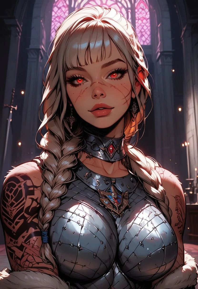 Score_9, Score8_up, Score_7_up, (((High Resolution, Best Quality))),
1girl, solo, beautiful face, lean muscle, muscle mass, warpaint, detailed eyes, red eyes, braided ponytail, tight white royal slim armor, chainmail, large breasts, royal guard, many scars, fur lined, wide hips, toned, bangs, tattoo, jewelry, beautiful lights, Lying ontop of viewer, laying on viewers chest, inside royal castle, standing vigilant, grasping a sword, sword impailed in table,