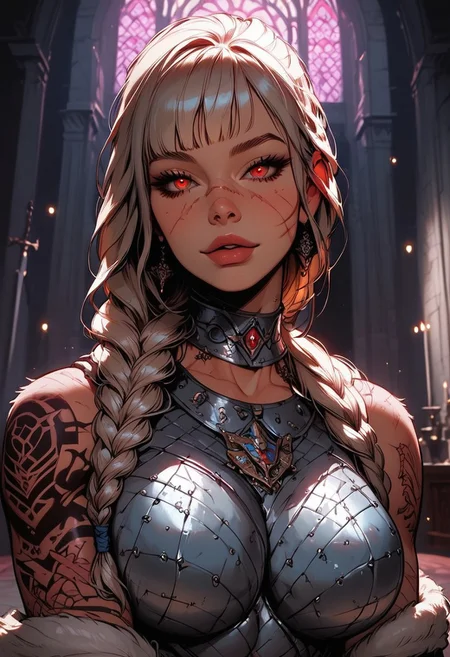 Score_9, Score8_up, Score_7_up, (((High Resolution, Best Quality))), 
1girl, solo, beautiful face, lean muscle, muscle mass, warpaint, detailed eyes, red eyes, braided ponytail, tight white royal slim armor, chainmail, large breasts, royal guard, many scars, fur lined, wide hips, toned, bangs, tattoo, jewelry, beautiful lights, Lying ontop of viewer, laying on viewers chest, inside royal castle, standing vigilant, grasping a sword, sword impailed in table,