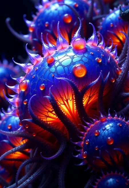 Fractals and bokeh swirl in brilliant shades of blue, purple and red. burned colors glowing with orange heat. Bands of white light dash across the canvas. High saturation and contrast. sharp lines come into focus. Droplets of rain accumulate on leaves. Leaves appear as shattered glass. Electric snails crawl on the surface of a mysterious plant. The plant is made of glass.