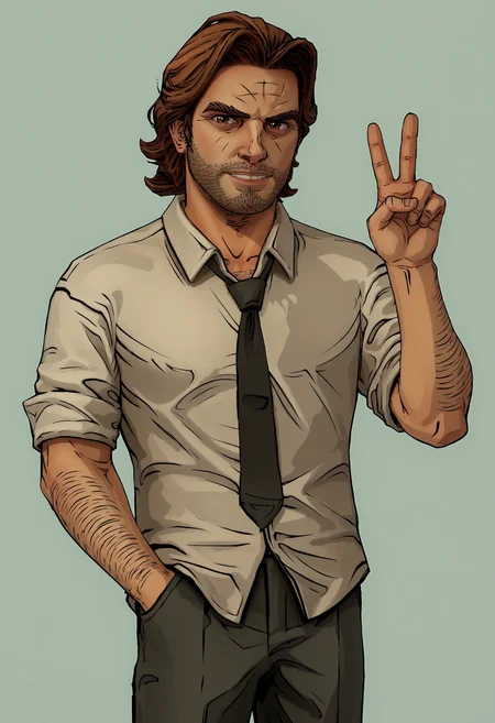 score_9, score_8_up, score_7_up, score_6_up, score_5_up, score_4_up, 1boy, <lora:BigbyWolf:0.85> solo, brown hair, facial hair, brown eyes, stubble, shirt, pants, black necktie, collared shirt, arm hair, standing, upper body, v sign, smile,
(light blue background), simple background,