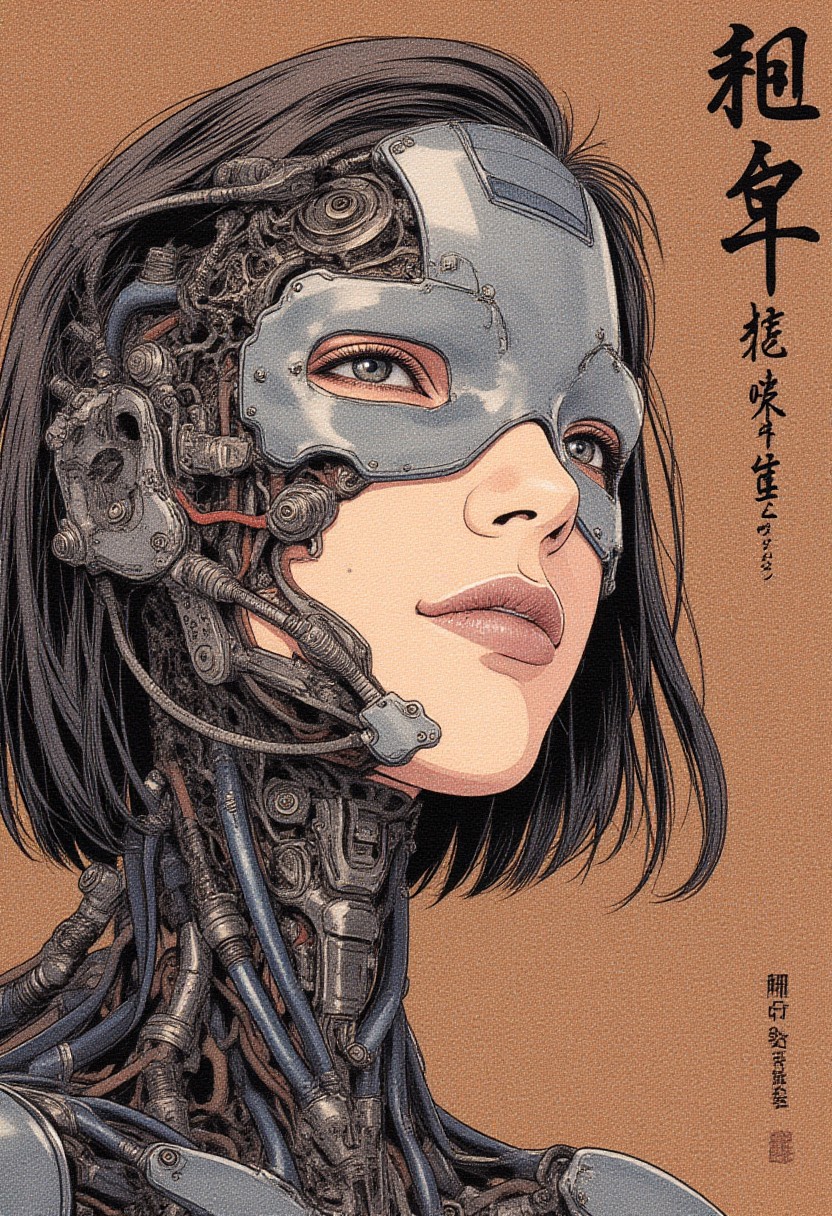 masterpiece, best quality, watercolor and acrylic painting over rich brown textured background, close-up portrait of a woman’s face and head,
intricate mechanical components seamlessly integrated into her skin and facial structure,
skin partially covered by metallic robotic exoskeleton with detailed wires, circuits, and mechanical parts blending organically,
cybernetic eyepiece covering eyes, mouth partially obscured by sleek metallic plate,
short, straight black hair appearing damp with subtle watercolor washes,
intense expression with a slight smile conveying determination and focus,
high contrast interplay of light and shadow enhancing mechanical textures with fluid watercolor strokes and acrylic highlights,
Japanese text elegantly brushed in upper right corner in deep ink tones,
overall aesthetic fuses dystopian cyberpunk with delicate organic forms, creating a futuristic yet painterly atmosphere