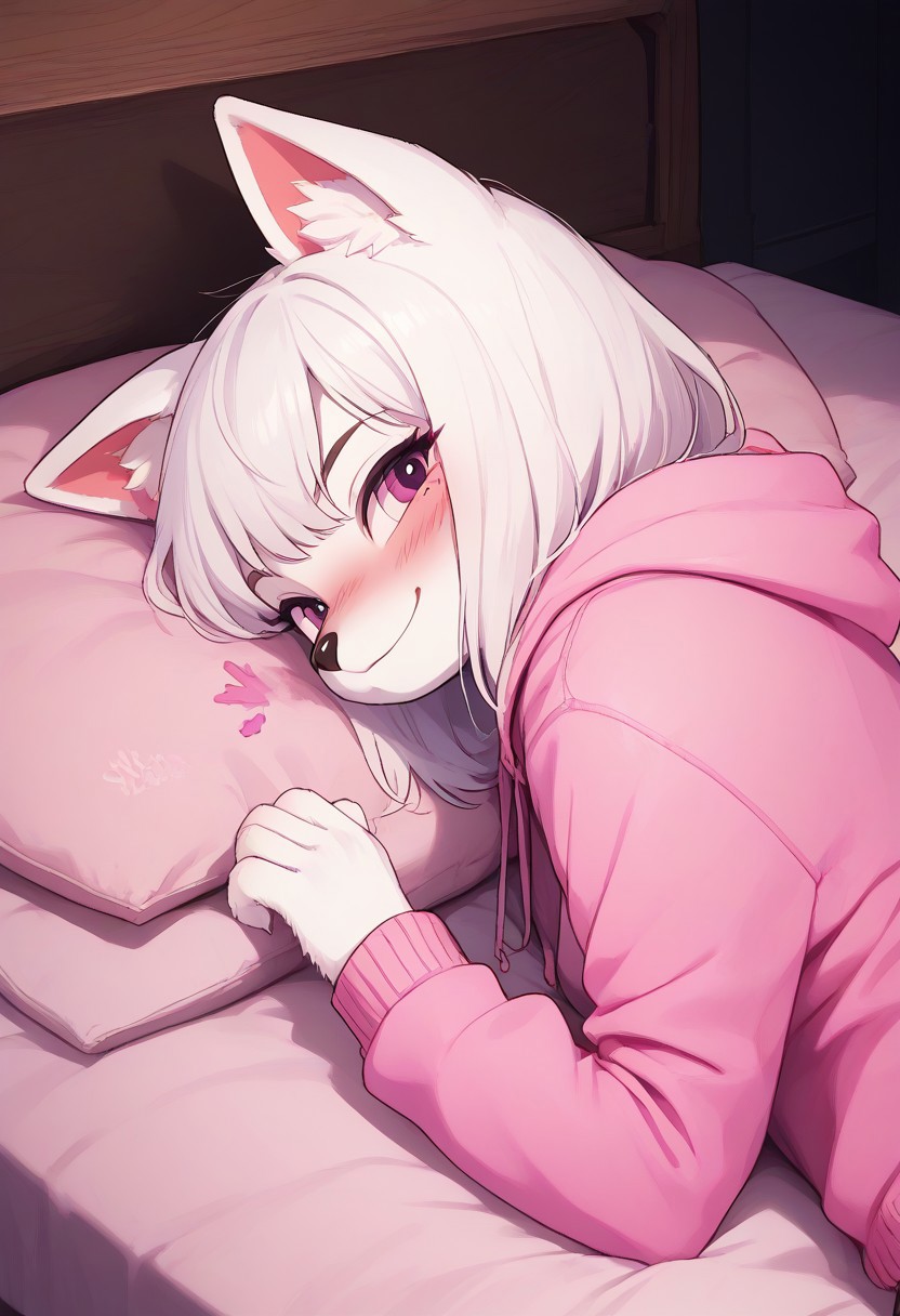(easynegative 1) girl, blush, blushing profusely, canine, clothed, 
 , furry, hoodie, on bed, side view, lying, pink hoodie, smirk smile, bedroom, pussu, ,  solo, stained, white fur, bright colours ,cute ,good_hands,