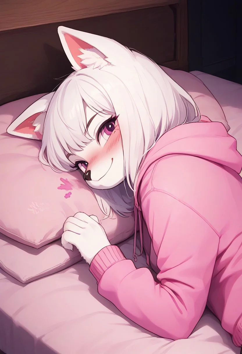 (easynegative 1) girl, blush, blushing profusely, canine, clothed,
, furry, hoodie, on bed, side view, lying, pink hoodie, smirk smile, bedroom, pussu, , solo, stained, white fur, bright colours ,cute ,good_hands,