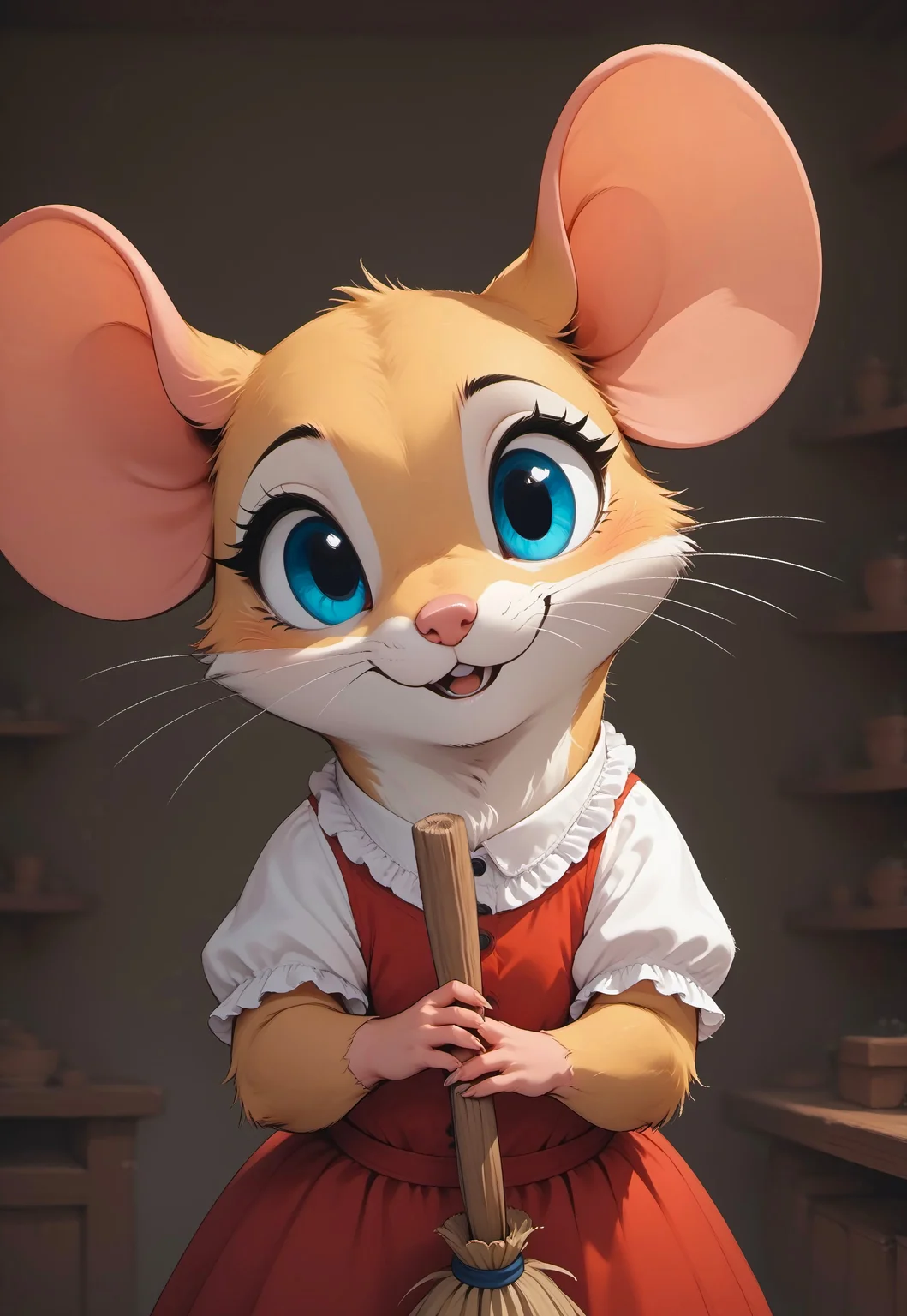score_9, score_8_up, score_7_up, score_6_up, score_5_up, score_4_up, 
[][][][][] 
m0use_goldie, expressive,
[][][][][] 
(solo), (frilly white shirt), red skirt, (mouse tail), (cute:1), (feral:2), (head focus, upper body shot:1.8), indoors, content expression, (head tilt:1.5), (holding broom:2), (high angle view:1), cleaning, looking at viewer, (open mouth:0.8), (shelves, apothecary:1.5), broom, (out of frame)