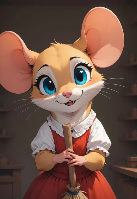 score_9, score_8_up, score_7_up, score_6_up, score_5_up, score_4_up, 
[][][][][] 
m0use_goldie, expressive,
[][][][][] 
(solo), (frilly white shirt), red skirt, (mouse tail), (cute:1), (feral:2), (head focus, upper body shot:1.8), indoors, content expression, (head tilt:1.5), (holding broom:2), (high angle view:1), cleaning, looking at viewer, (open mouth:0.8), (shelves, apothecary:1.5), broom, (out of frame)