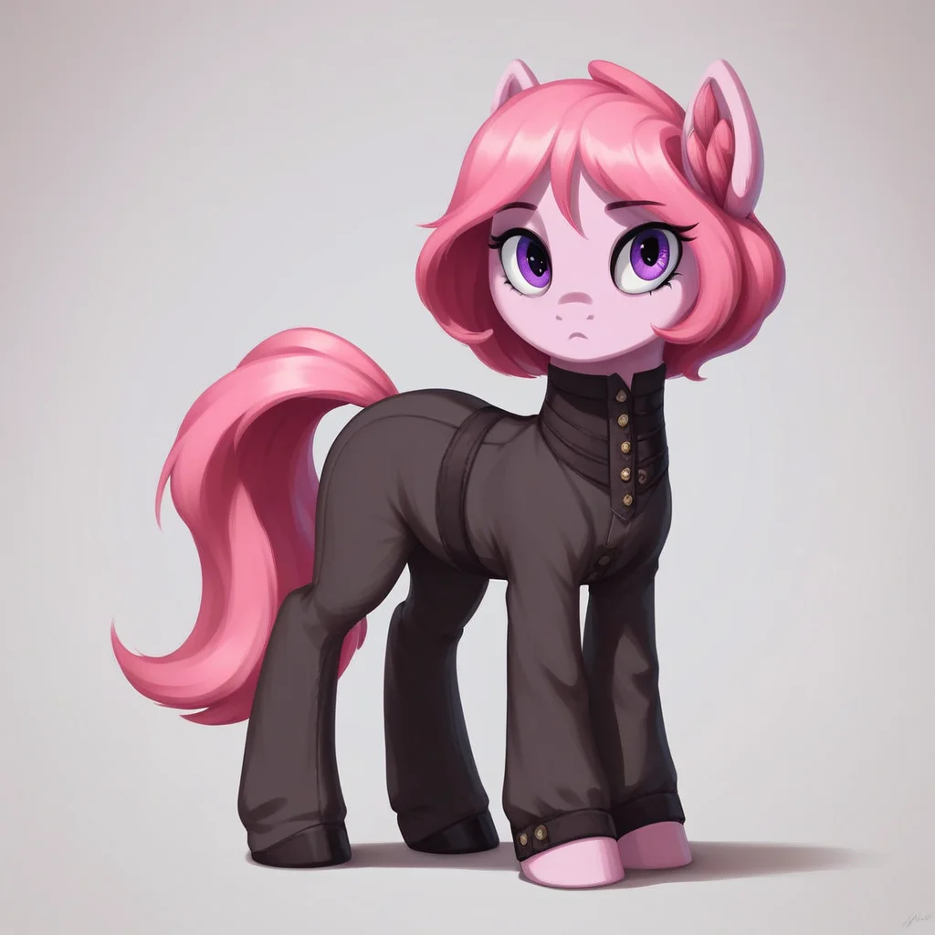 score_9_up, score_8_up, score_7_up, score_6_up, (best quality:1.1), ultra-detailed, high resolution, solo, Fiana_II, pony, mlp, feral, thin eyebrows, purple eyes, long eyelashes, mare, female, pony ears, pink fluff in ears, pale pink fur, short pink mane with red gradient tip, tail, :<, cute, standing, full body, expressiveh, simple background, highly visible, sharp focus, anatomically correct