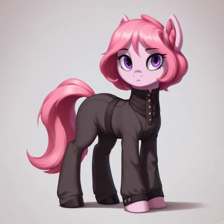 score_9_up, score_8_up, score_7_up, score_6_up, (best quality:1.1), ultra-detailed, high resolution, solo, Fiana_II, pony, mlp, feral, thin eyebrows, purple eyes, long eyelashes, mare, female, pony ears, pink fluff in ears, pale pink fur, short pink mane with red gradient tip, tail, :<, cute, standing, full body, expressiveh, simple background, highly visible, sharp focus, anatomically correct