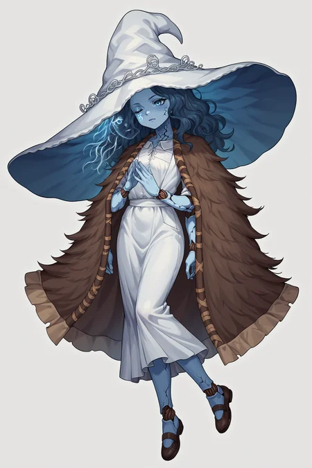 score_9, score_8_up, score_7_up, , rating_explicit,nsfw,1girl ,IncrsXLRanni, wavy hair, cracked skin, blue skin, colored skin, extra arms, extra faces, doll joints,  source_anime, white dress, witch hat, brown cloak, <lora:Ranni_XLPD_CAME:1>,  <lora:BraveFrontierPDCAME PixelArt:0.3>, pixel art, 2d, full portrait, simple background, white background,