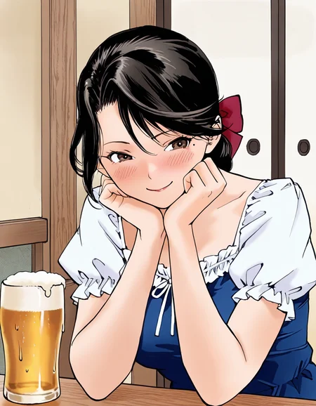 masterpiece,best quality,good quality,perfect anatomy,very aesthetic,highly detailed,high detail RAW color art,
face details,
(1girl),solo,
kurokawas, black hair,mole under eye, brown eyes,hair bow,lip,
dress,
drunking,blush,happy,
cup,beer,
indoors,izakaya,