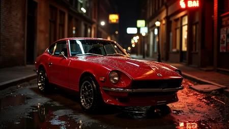 Under the glistening rain in a narrow urban alley, a 1972 Nissan Datsun 240Z Fairlady in vibrant crimson red takes center stage. Its sleek hood reflects the golden glow of streetlights as raindrops bead on the glossy paint. The carâs black alloy wheels with polished lips contrast sharply against the slick wet pavement. Neon signs from nearby storefronts illuminate the chrome accents and classic grille, creating a dynamic interplay of light and shadow that emphasizes the carâs sporty and timeless appeal
<lora:ral-nssndtsn_000001000:1>