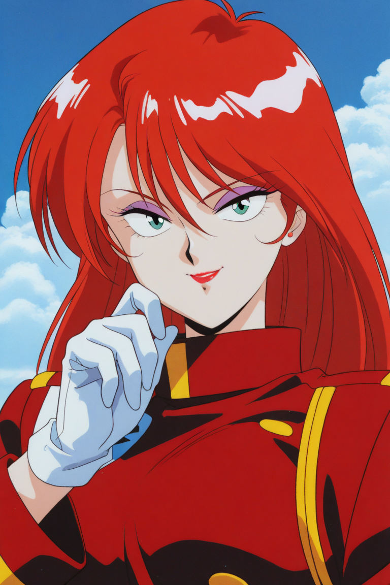 masterpiece, best quality, source_anime,official art,perfect_anatomy,1990s_\(style\),retro_artstyle,1girl,Grandis_Granva,red_hair,long hair,makeup,green eyes,lipstick,uniform,military uniform,white gloves,(beautiful detailed face,looking_at_viewer,smile),upper_body,day,blue_sky,cloud