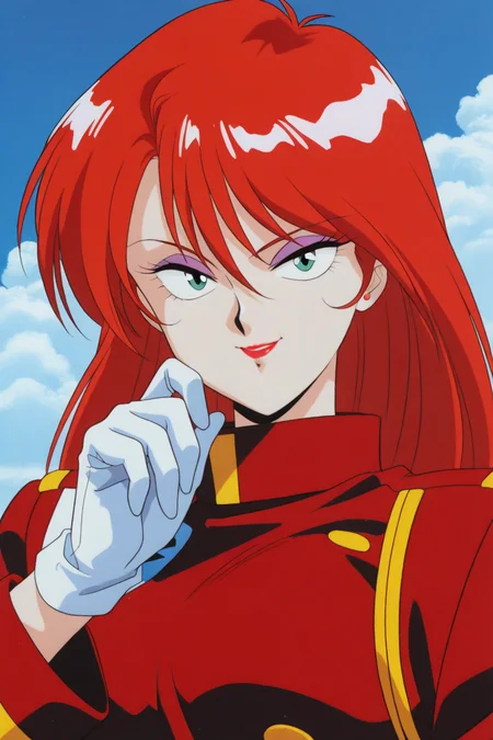 masterpiece, best quality, source_anime,official art,perfect_anatomy,1990s_\(style\),retro_artstyle,1girl,Grandis_Granva,red_hair,long hair,makeup,green eyes,lipstick,uniform,military uniform,white gloves,(beautiful detailed face,looking_at_viewer,smile),upper_body,day,blue_sky,cloud