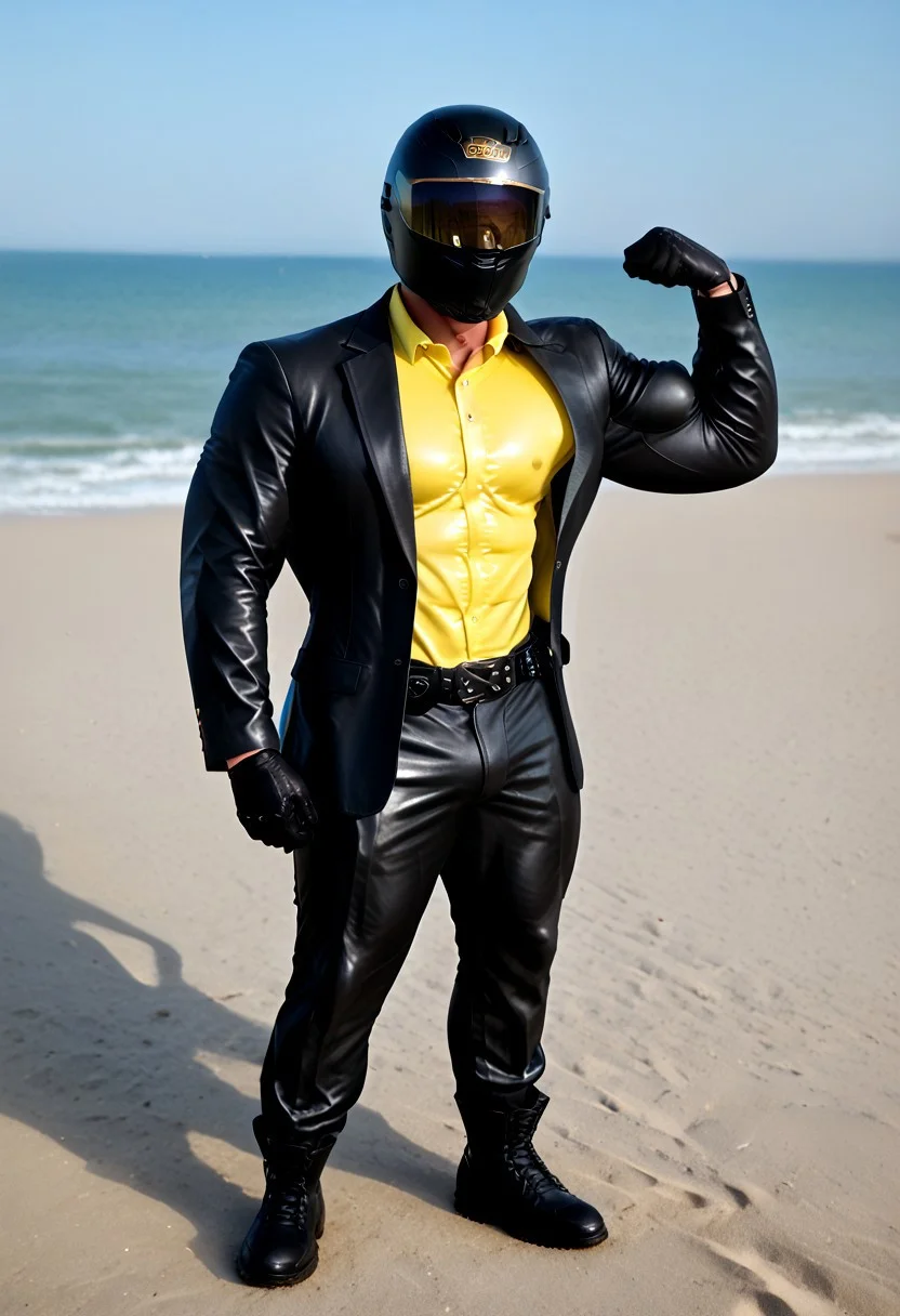 score_9, score_8_up, score_7_up, photo, photorealistic, rating_explicit, (solo:1.1), 1boy, black helmet with tinted visor, muscular male, masculine male, black glossy leather blazer suit, yellow glossy spandex shirt, formal, glossy pants, belt, skintight, black rubber gloves, black rubber boots, abs, nipples, pecs, flexing, proud, sweaty, outdoors beach, five digits