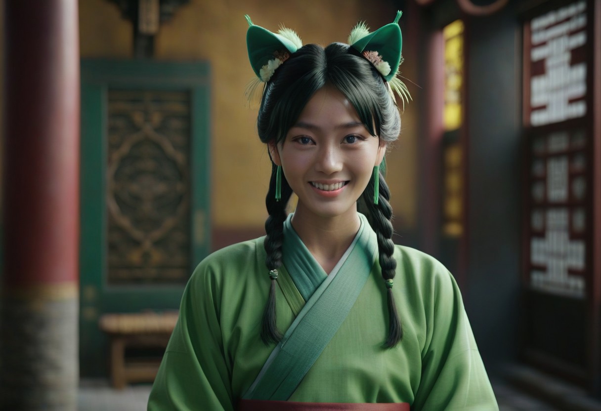 masterpiece, best quality, 8k, amazing quality, photorealistic, scinematic, Volumetric lighting, depth of field, wide angle, cinematic, realistic. 1girl, solo, <lora:Mao Mao:1> ma0ma0_default, green hair, long hair, blunt bangs, hair ornament, twintails, blue eyes, freckles, hair over shoulders, multi-tied hair, half updo, chinese clothes,green hanfu, wide sleeves, long sleeves, looking at viewer, smile, animal ears, cat ears, animal ear fluff, excited, open mouth,
