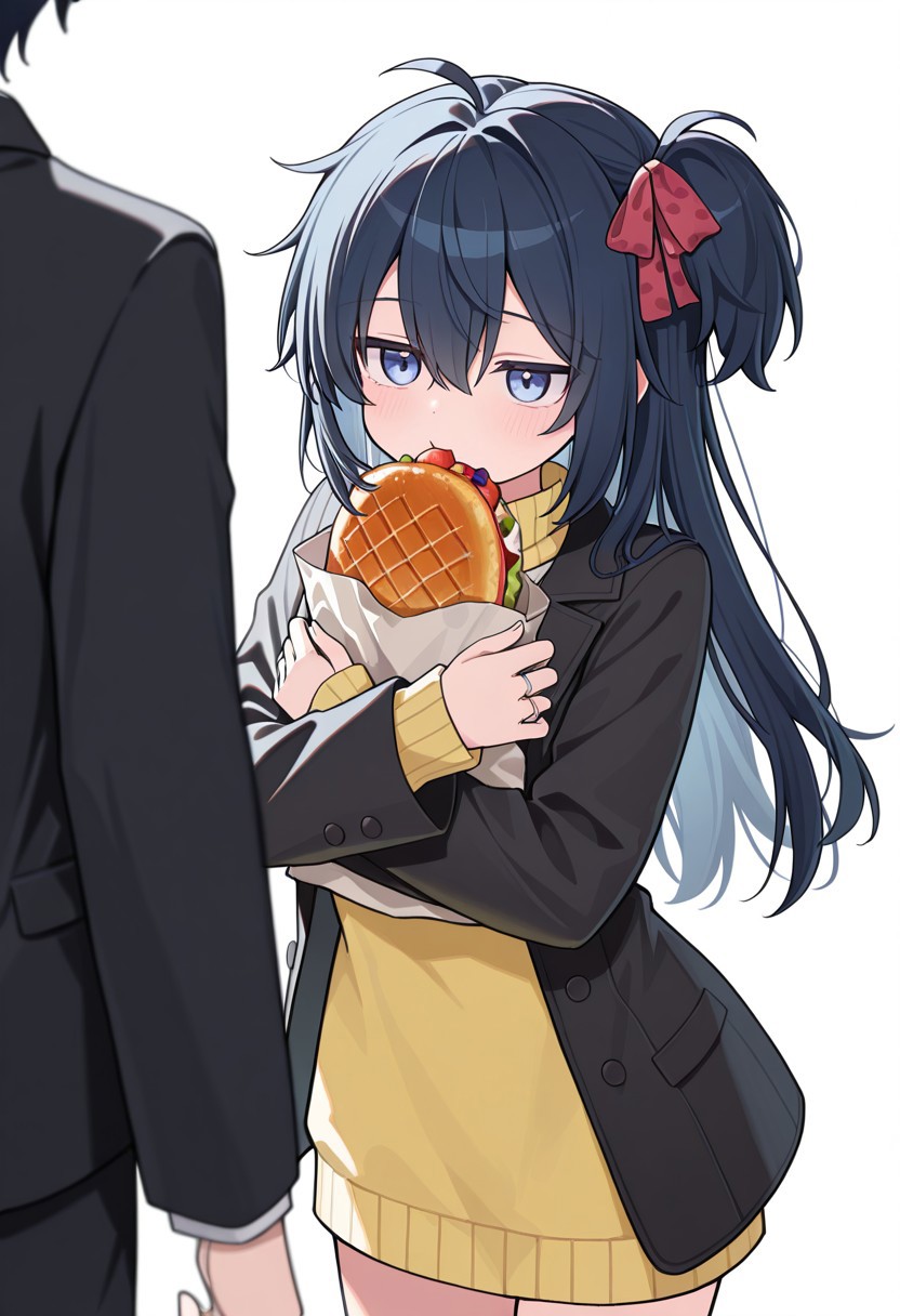 masterpiece, best quality, 32k, high resolution, absurdres, koube shio, hair bow, open clothes, black jacket, sweater, side ponytail, ring, yellow sweater, dress, food, hugging object