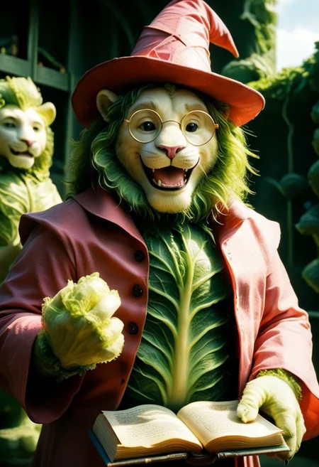 (An anthropomorphic white lion looks out at an audience, while reading aloud from a magical book, solo, 1man, 70yo, open mouth, happy smile, black and pink magician old dusty outfit made of cabbages, very small black round glasses, red hat:1.5). An opened impressive magic book, (book cover made of cabbages leafs, cabbage, cjdl:1.5), (leaking green fluo neon acid from inside to the outside, TOXNEO:1.2). (side view, 3/4:1.4), (focus on the book pages:2). Rays of light coming from inside the book.
The atmosphere is magical and dreamy.
(
In the foreground, we see a cabbage that transforms into a monster following a toxic liquid.:1.2)
Dusk, blue sky, orange rays of sun. dutch-angle, (foreshortening, perspective:2).