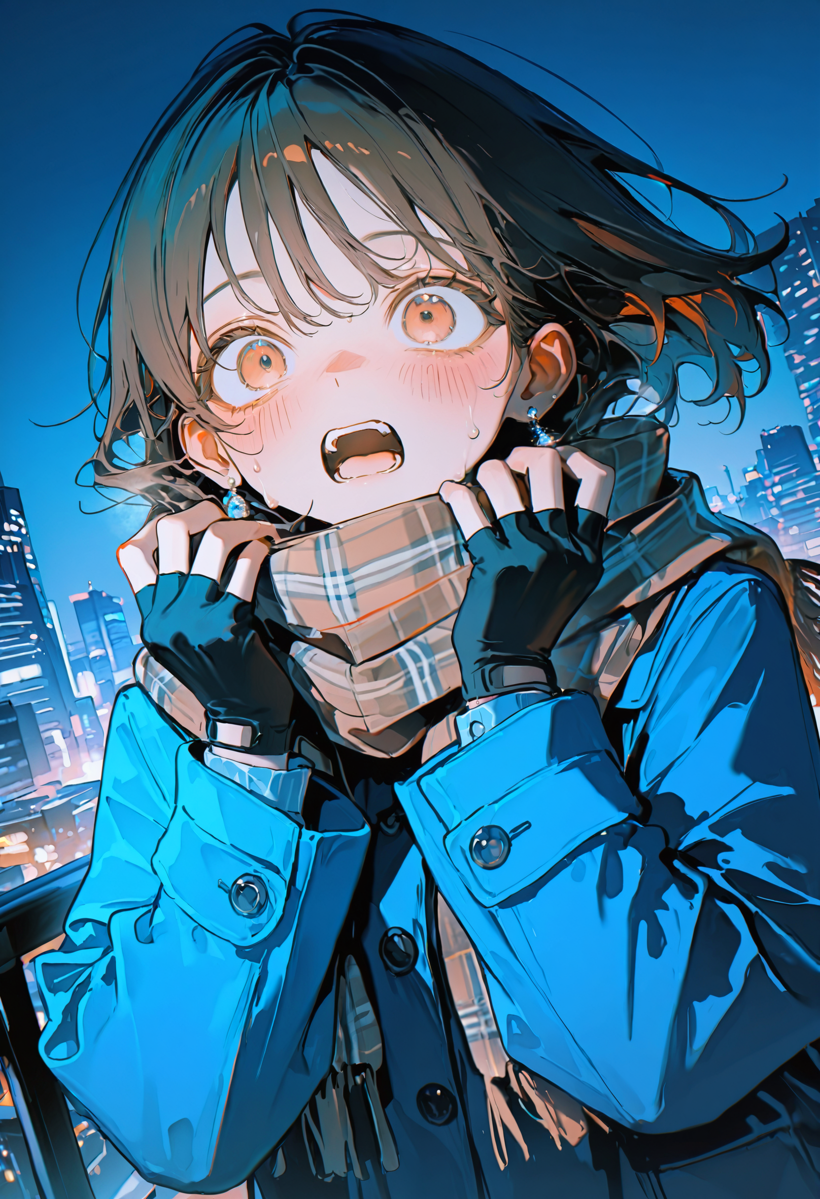 <lora:bmEybWVndV9f-illustriousXL_v01_V2-CAME>, bmEyb, 1girl, solo, open mouth, scarf, fingerless gloves, gloves, brown hair, plaid, blue coat, plaid scarf, sky, coat, blush, building, outdoors, night, jewelry, long sleeves, black gloves, earrings, wide-eyed, blue sky, brown eyes, sweat, blue theme, brown scarf, buttons, medium hair, orange eyes, city, teeth, floating hair, blue jacket, blue background, cityscape