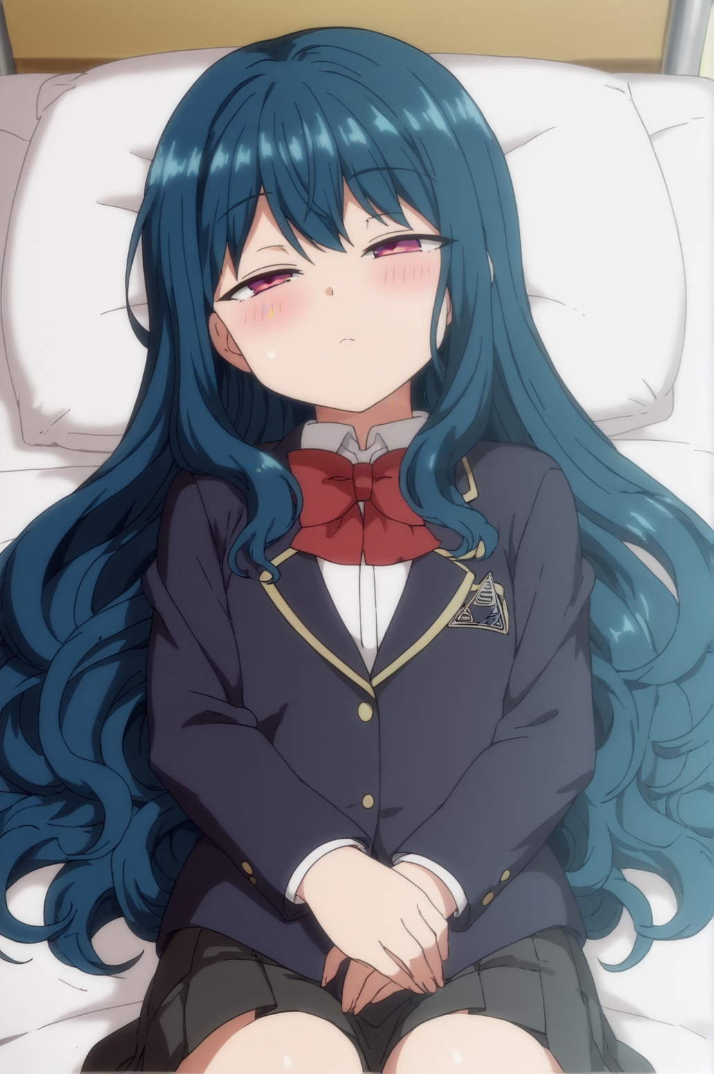 score_9, score_8_up, score_7_up,anime_source, source_anime, best background, detailed background, anime screencap,  Yuu, 1girl, blazer, bow, bowtie, jacket, red bow, school uniform, skirt, dynamic angle, blush, sitting, close eyes, sleeping, laying down, on bed,  indoors, <lora:JN_Nozaki_Yuu:0.8>