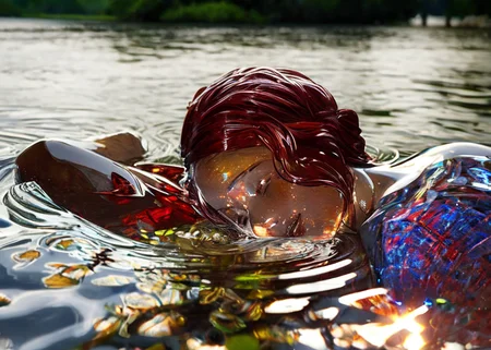 close up red glasssculpture of a woman bathing in a river, translucent, transparent, reflections. cgsociety masterpiece,  flowers everywhere, artstation trending, by rossdraws, ghibli, Kimi no Na wa, greg rutkowski