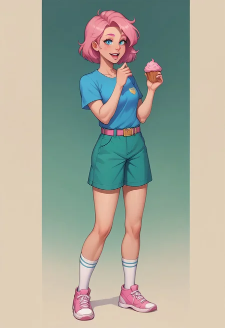 score_9, score_8_up, score_7_up, score_6_up, CasGAC, masterpiece, best quality, detailed eyes, detailed face, perfect eyes, high detailed, absurdres, highres, BREAK 1girl, woman, young, solo, dissatisfied, disconnected, disgruntled, teeth, open mouth, medium breasts, makeup, pink eyebrows, pink hair, two twisted bunches on top of her head, blue eyes, white t-shirt with a long collar, pink sneakers with yellow laces, pink belt with white buckle on her waist, green short jumpsuit with single pocket on her chest with muffin pattern, white knee socks, BREAK hands up, right hand holding left hand, looking at right, standing, full body, full body shot, semi-sideways, half-sideway, BREAK simple background, green background