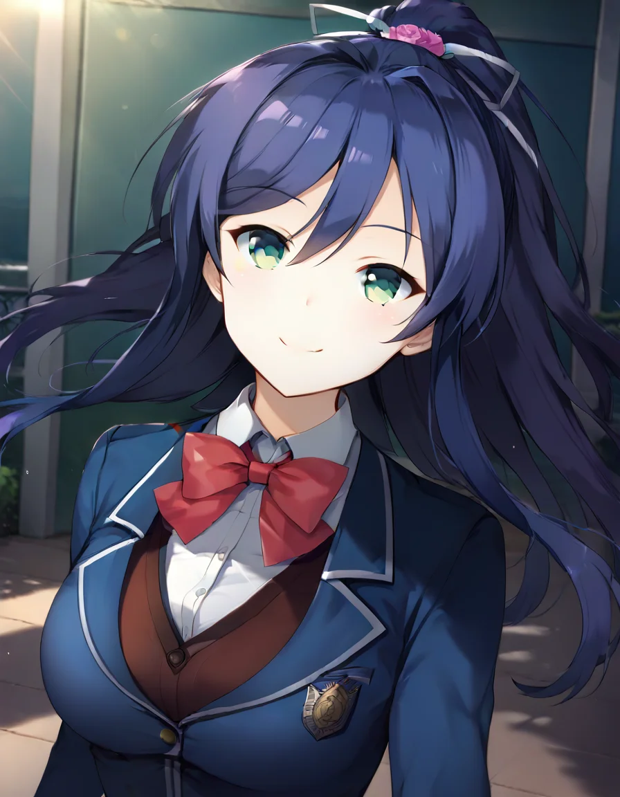 score_9,score_8_up,score_7_up,score_6_up BREAK official art,solo,outdoors,smile,upper body,(portrait:1.5),looking at viewer,facing viewer,Shijou Rika,blue hair,long hair,high ponytail,floating hair,hair ribbon,white ribbon,sidelocks,hair between eyes,parted bangs,green eyes,school uniform,blazer,blue jacket,taut jacket,wing collar,red bowtie,black vest,collared shirt,white shirt,large breasts,skindentation,long sleeves,blue skirt,plaid skirt,pleated skirt,zettai ryouiki,black thighhighs,loafers,<lora:Shijou Rika(ksak)-Pony:1.6>,<lora:Smooth Anime Style LoRA XL:0.8>,