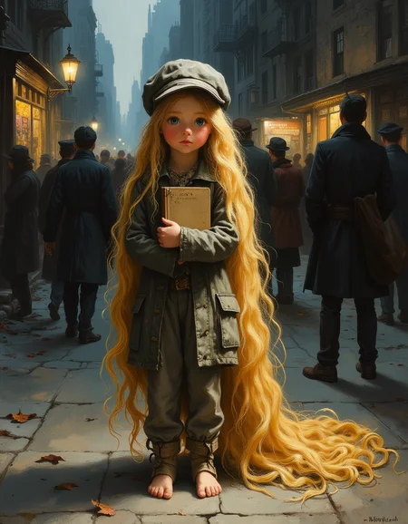 masterpiece, high quality, Oil Painting, Hyper-realistic, hyper-detailed painting of Rapunzel, a young girl with cascading golden locks, stands barefoot on a gritty, bustling street of 1930s New York City. Sheâs wearing tattered, oversized clothes, pants, and a threadbare coat, a gray Newsboy cap, clutching a worn-out book close to her chest. Her expressive eyes convey a mix of innocence and determination as she navigates the harsh reality of the Great Depression. The background features dilapidated buildings, makeshift shanties, and a crowd of people huddled around a soup kitchen. A dim light from a nearby streetlamp casts long shadows, creating an atmosphere of both despair and resilience. Despite the grime and poverty, Rapunzelâs hair glows with an ethereal light.
Rapunzel has 70 foot long glowing blond hair, white translucent skin, bright blue eyes, and a skinny petit body. Shadow and light, Masterpiece, intricate lines, intriguing atmosphere, sharp magnificent details, oil painting, delicate features, elaborate details, (2\3 rule composition:0.5), ultra detailed, romantic, Rembrandt lighting, brush stroke, lovely, del1cate_balance style, novuschroma, in the style of Rembrandt. vantablack <lora:style_of_Rembrandt_FLUX_135:.8> <lora:- Flux1 - vanta_black_V2.0:.3> <lora:Delicate_Balance:.3> <lora:neeeg_f1:-1> <lora:113_novuschromaFLX_1:.2> <lora:zavy-disney-rapunzel-fxl:.3>