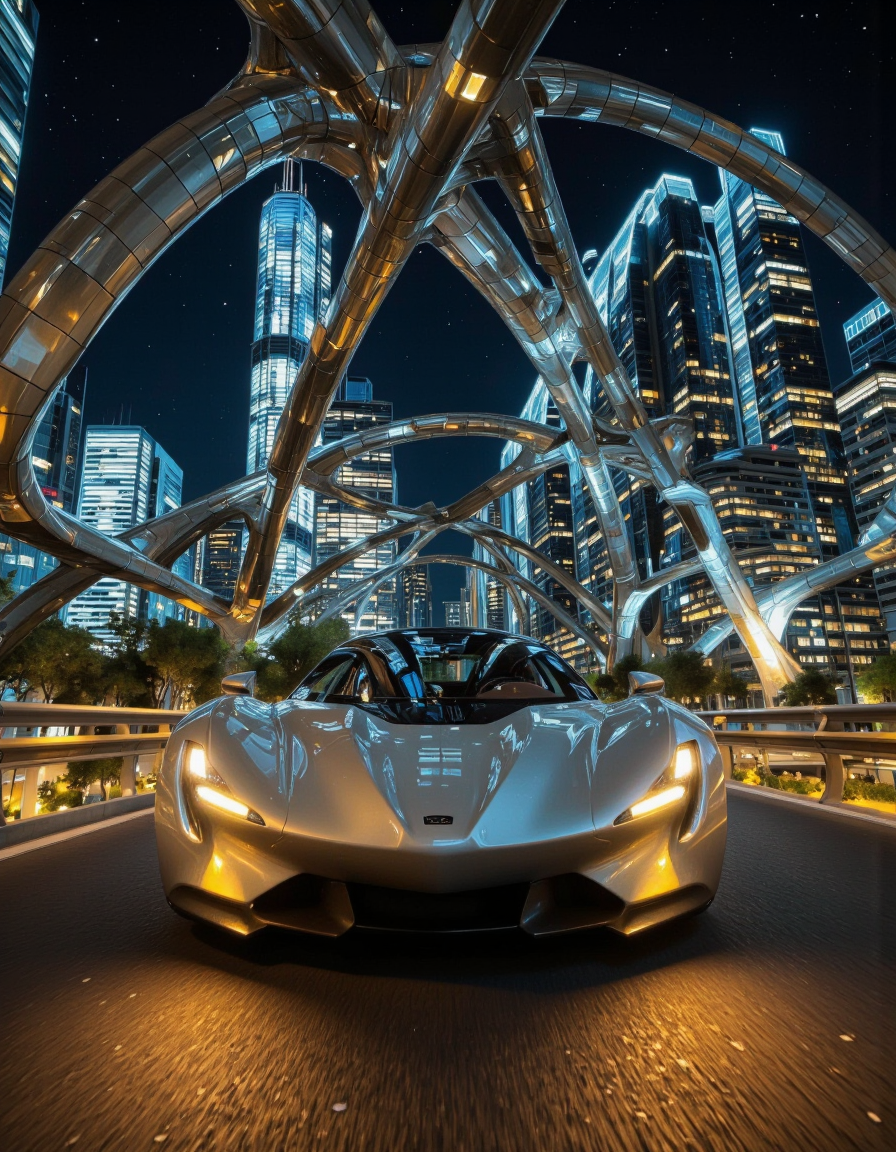 Futura. A photo-realistic shoot from a front camera angle about a futuristic sports car positioned in the middle of a cityscape at night. the image also shows a futuristic cityscape with tall skyscrapers lit up at night, and a large, intricate structure resembling a spider web in the background. in the foreground, a futuristic silver sports car with glowing yellow headlights is positioned on a road, facing the viewer. the car has a sleek, aerodynamic design with a low-slung body and a wide stance, giving it a sense of power and agility. the cityscape is illuminated by the warm glow of the city lights, creating a dramatic and dynamic atmosphere. the background features tall, modern buildings with glowing windows, and the overall scene is set against a dark, starry sky. <lora:Futura-000005:1>